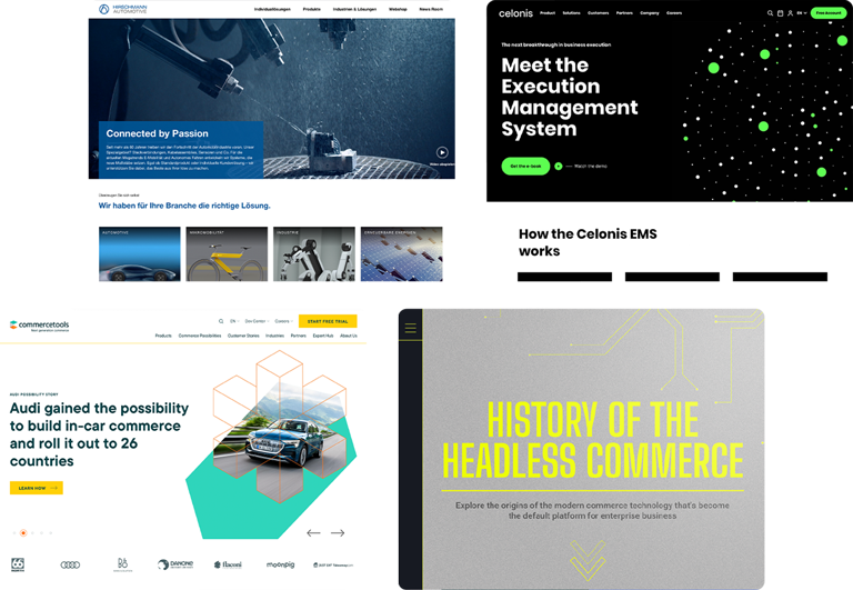 Screeshots show the designs developed by B2B agency SNK for Commercetools, Celonis and Hirschmann Automotive.