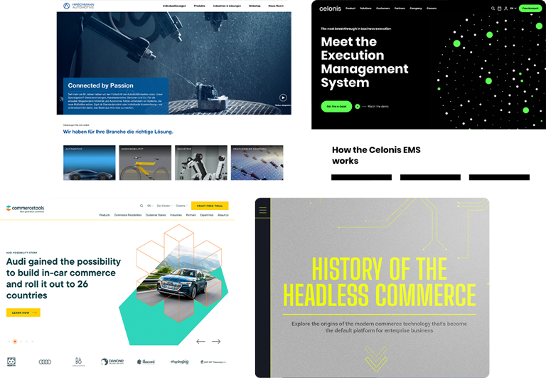 Screeshots zeigen das von der B2B Agentur SNK entwickelte Design für Commercetools, Celonis und Hirschmann Automotive.