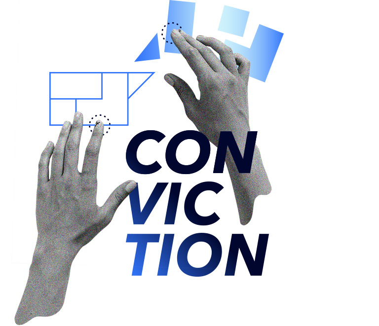 Word "conviction" and two hands moving shapes