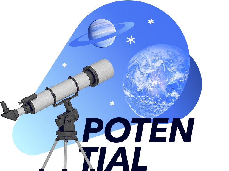 Graphic shows the word potential and the space with planets