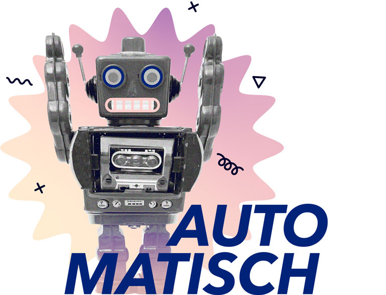 Illustration eines Roboters mit dem Wort automatisch vor einem apricot-lila Farbverlauf.