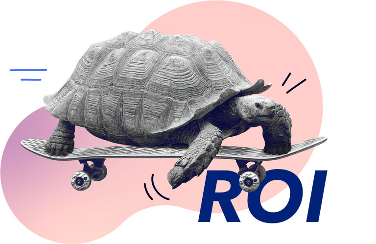 Illustration einer Schildkröte auf einem Skateboard zeigt, SNKdenken langfristigen an Ihren ROI und setzen die richtigen KPIs.