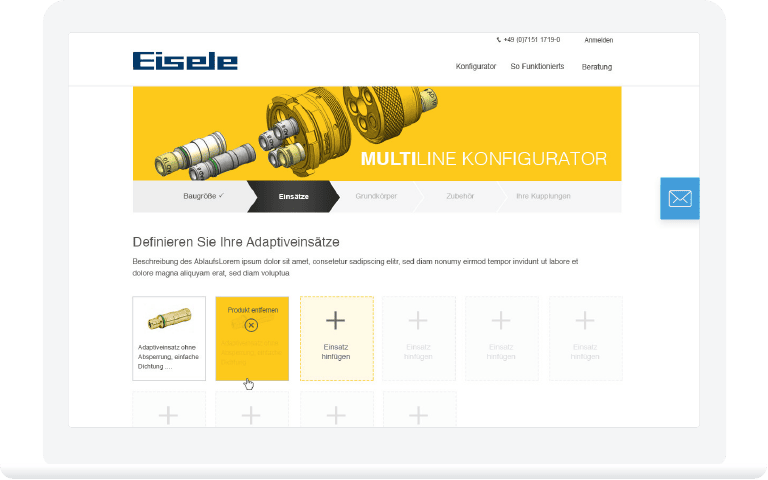 Das Bild zeigt einen Online-Produktkonfigurator für Verbindungselemente.