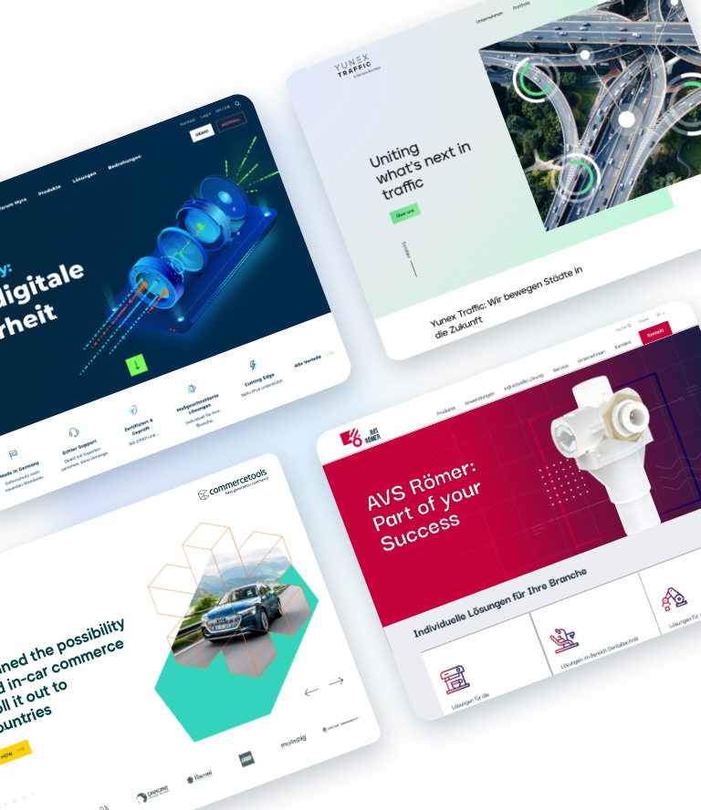 Bild zeigt die B2B Websites von commercetools, YUNEX und valantic mit UX- und UI- Design von SNK.