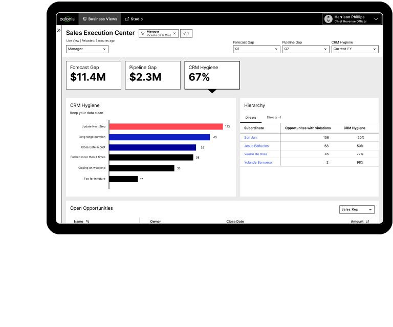 A graphic shows a user-friendly placement of KPIs, tables and graphs.