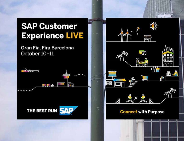 Zu sehen ist eine Außenwerbung zu einem SAP Customer Experience Live Event von der Designagentur SNK