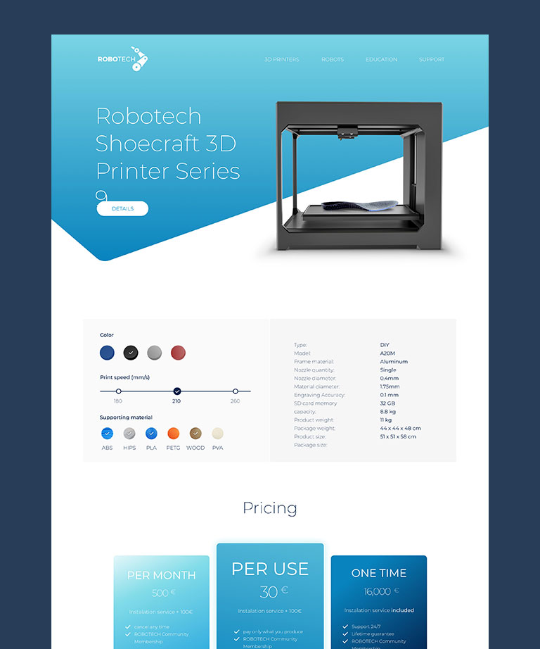 On display is the Robotech Shoecraft 3D Printer on a landing page by the design agency SNK for SAP