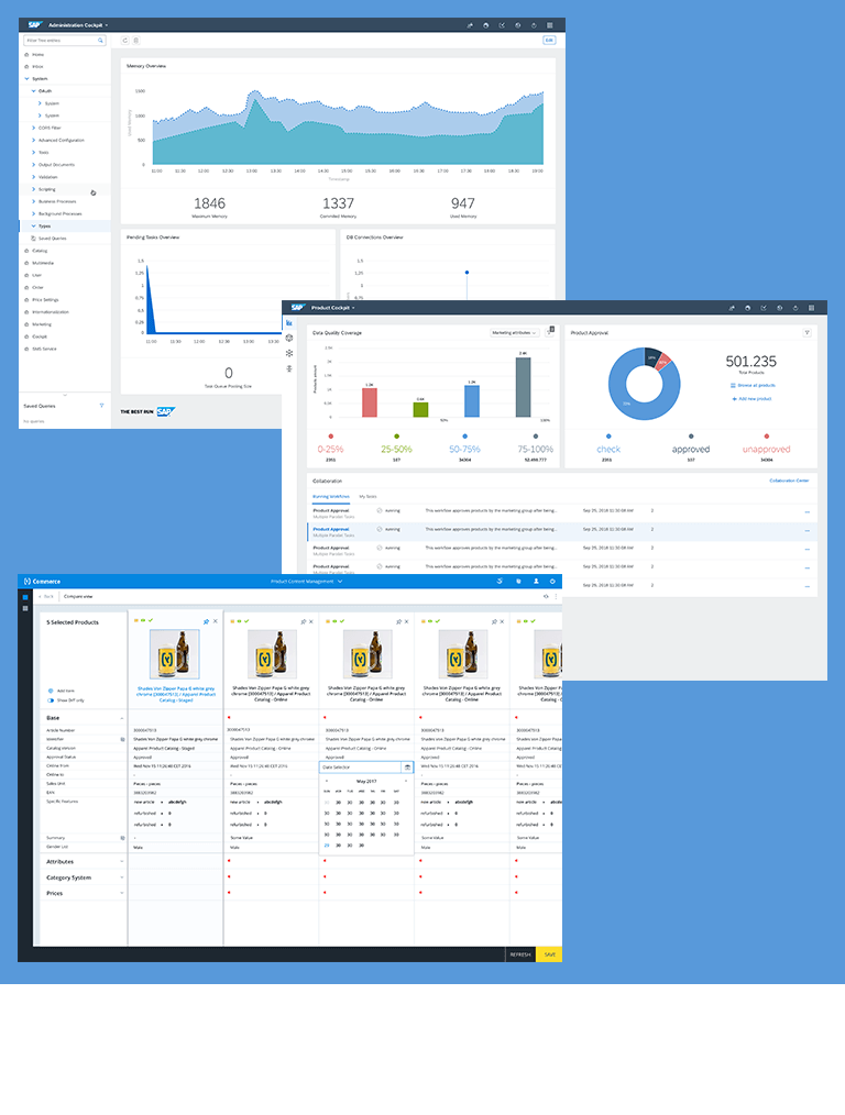 Collage 3er Screens des PIM von SAP - das Product Cockpit