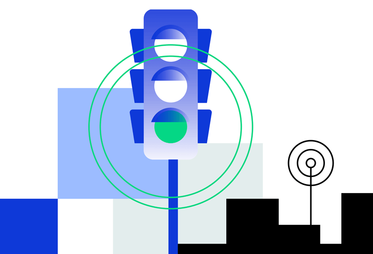 Image shows illustration of traffic light in city traffic