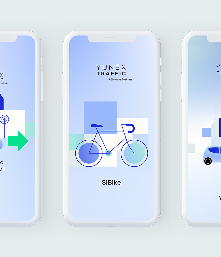 On display are mobile devices with an app in the new brand design of Yunex Traffic