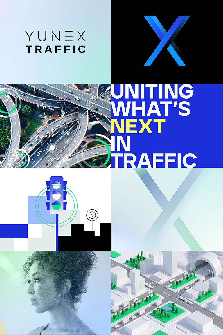 On display is a moodboard in the new brand design of Yunex Traffic