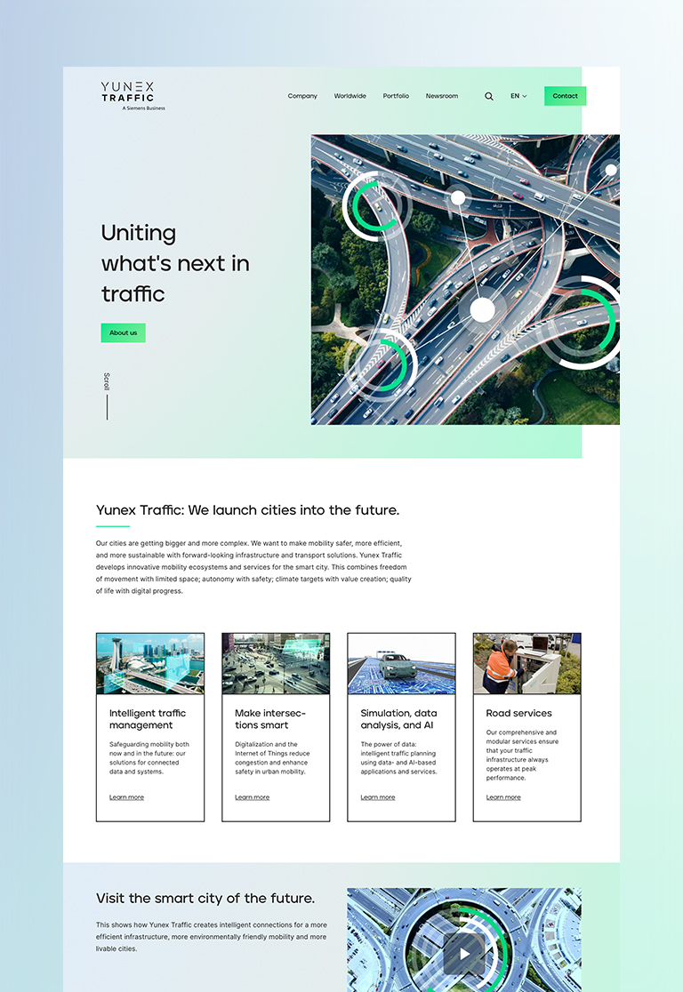 On display is the website in the new brand design of Yunex Traffic, developped by digital agency SNK