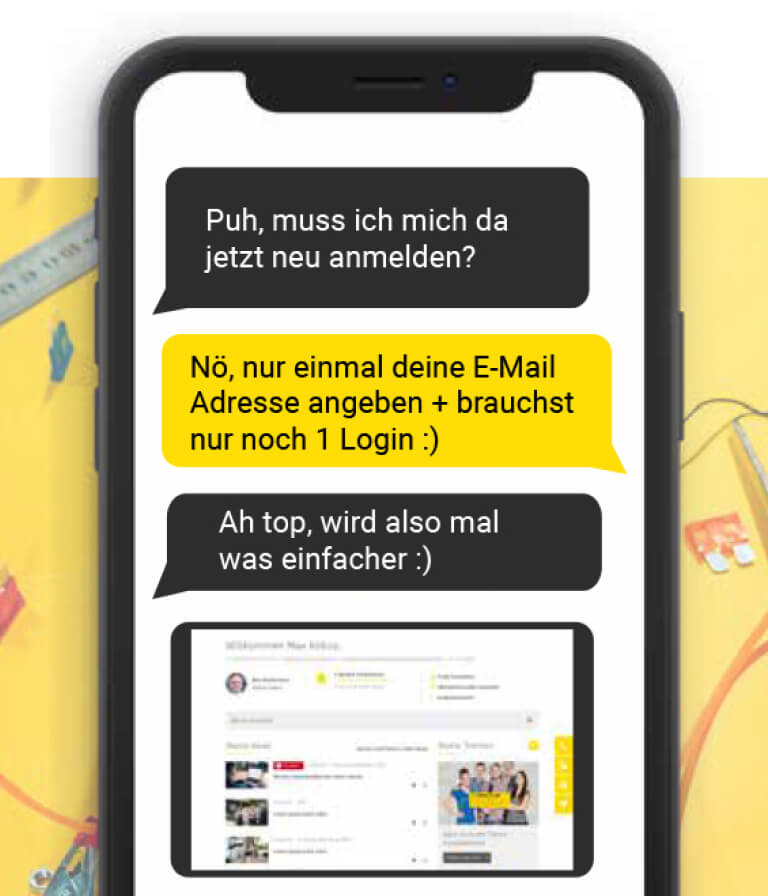 A mobile view with advertising campaigns in chat format can be seen.