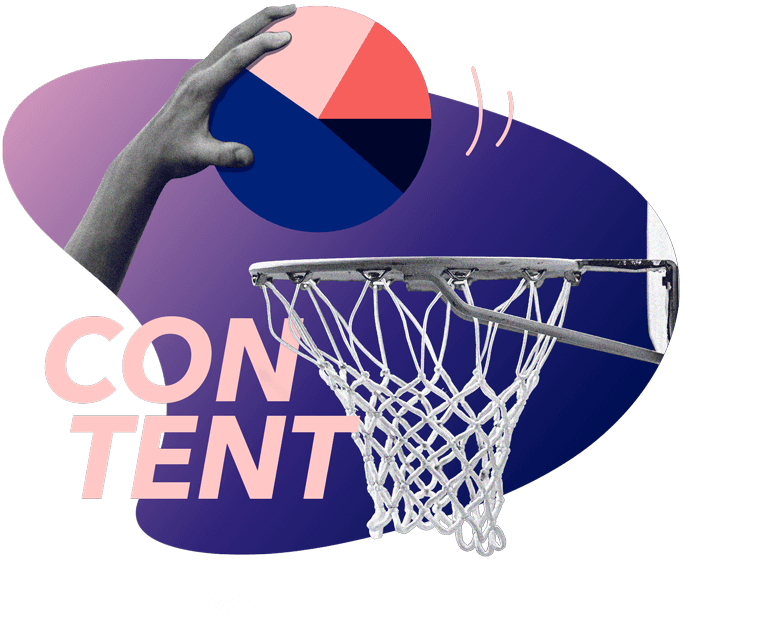 Ein Dunking mit einem Kreisdiagramm anstelle eines Basketball. Das Wort “Content” ist auf dem Bild platziert.