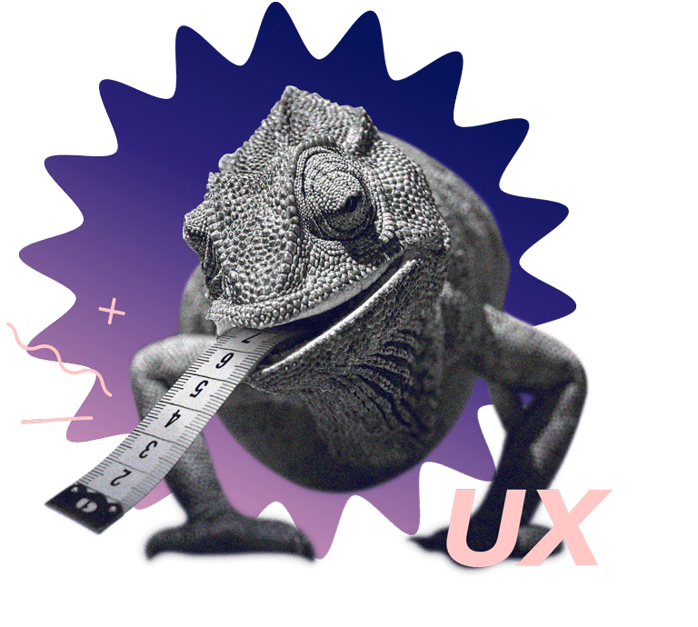 Ein Chamäleon mit einem Maßband als Zunge. Der Begriff "UX" ist auf dem Bild platziert.