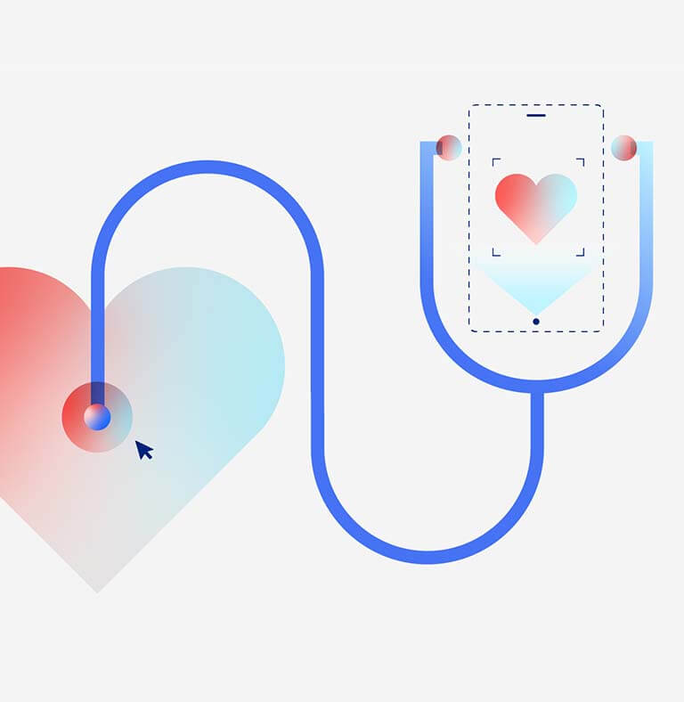 Eine Grafik zeigt ein Stethoskop mit einem Herz und einem mobile Device, dass digital die Gesundheit auswertet.
