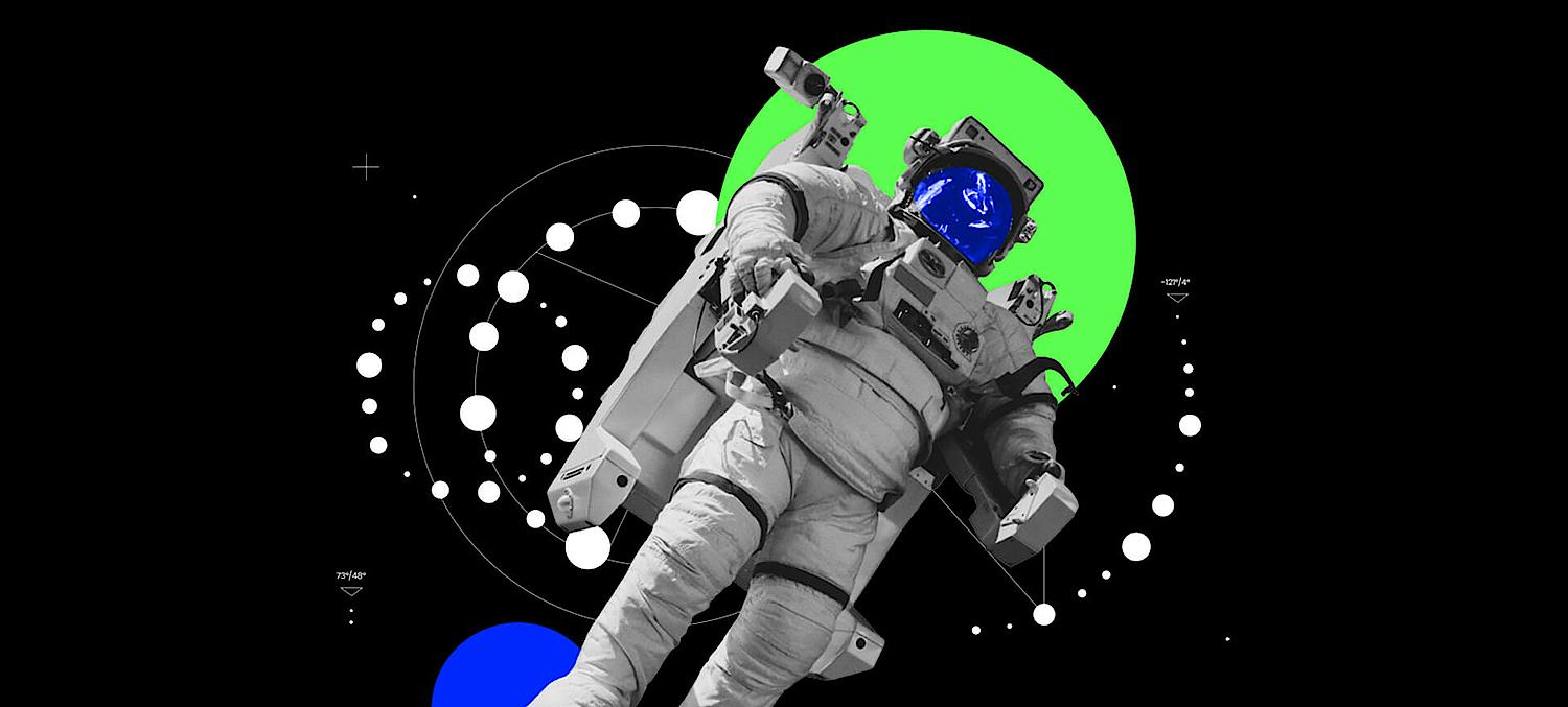 a collage of an astrounaut with neon green and shining blue colour highlights