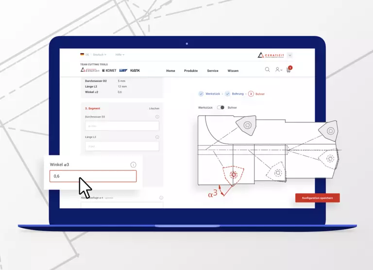 Bild zeigt ein Konfigurations-Interface von Ceratizit. Das UX/UI-Design stammt von SNK.