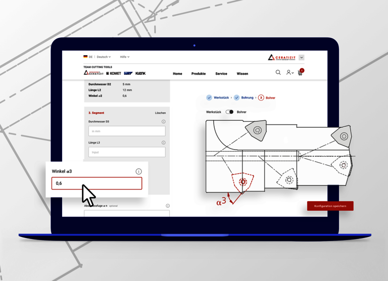 Bild zeigt ein Konfigurations-Interface von Ceratizit. Das UX/UI-Design stammt von SNK.