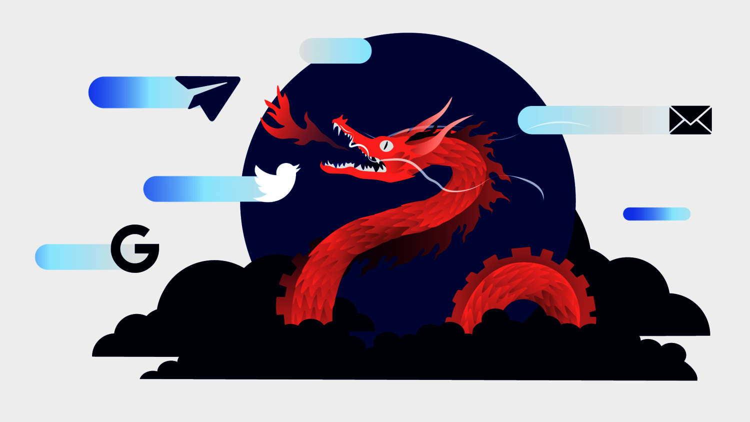 Graphic shows a Chinese dragon surrounded by mail and messenger icons.