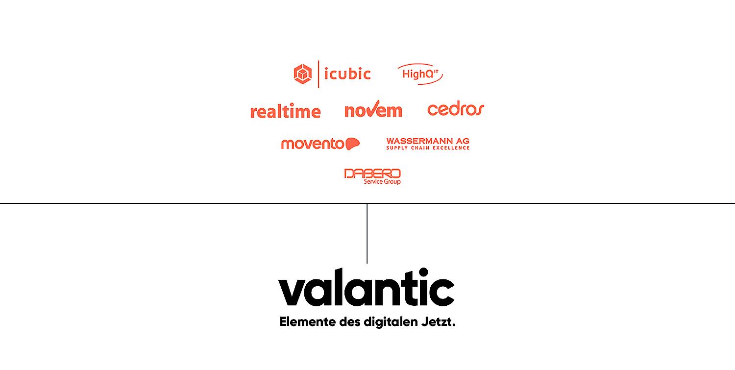 Zu sehen sind die 7 Brands der Dabero Service Group, aus denen valantic wurde: icubic, HighQ, realtime, novem, cedras, movento und Wassermann AG