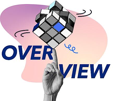 Graphic shows a hand balancing a cube with the word overview