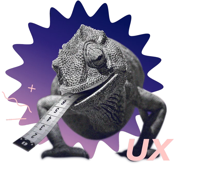 Ein Chamäleon mit einem Maßband als Zunge. Der Begriff "UX" ist auf dem Bild platziert.