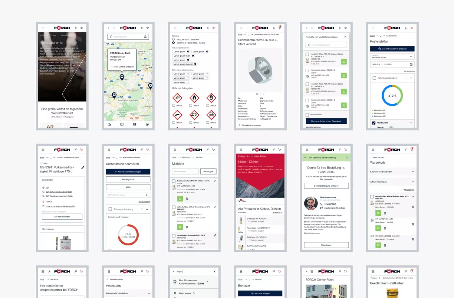 Grafik zeigt verschiedene Smartphone Screen–Designs aus dem Login-Bereich des Förch Business-Portals.