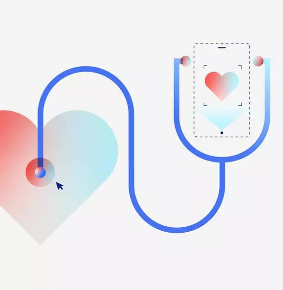 Eine Grafik zeigt ein Stethoskop mit einem Herz und einem mobile Device, dass digital die Gesundheit auswertet.