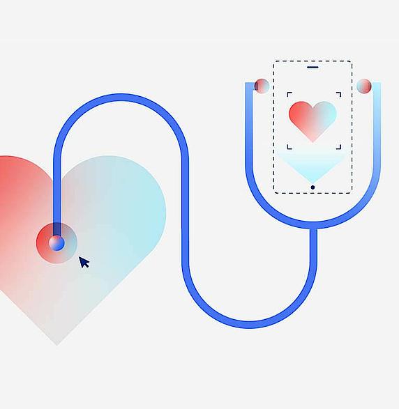 Eine Grafik zeigt ein Stethoskop mit einem Herz und einem mobile Device, dass digital die Gesundheit auswertet.