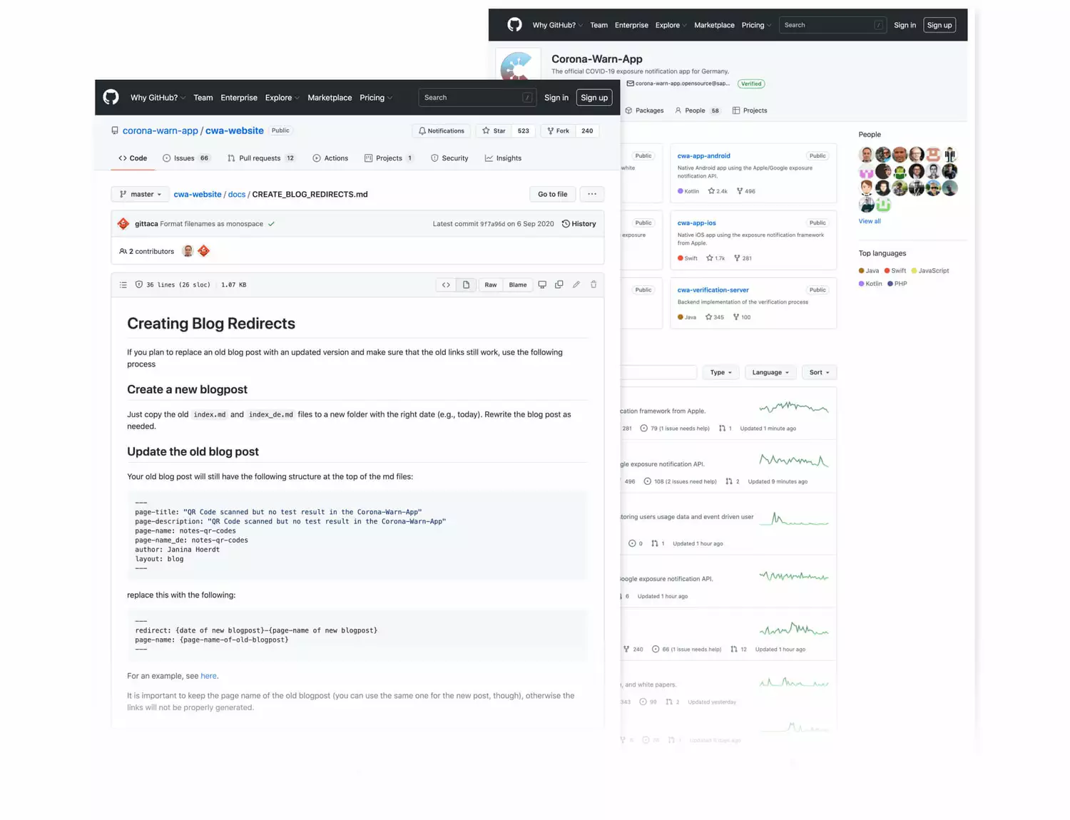 Screenshots zeigen den von der Agentur SNK entwickelten User-Blog zur Corona-Warn-App.