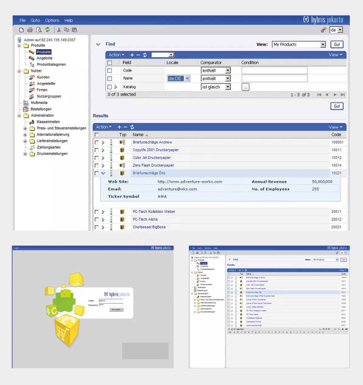 Screens aus Hybris Jakarta webMC von 2003 - Login, Produkte im System hinterlegen