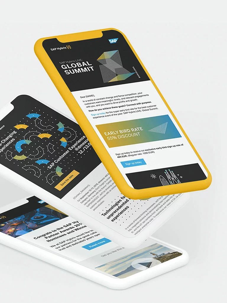 Newsletter für 'SAP hybris'. Ansichten auf drei Smartphones.