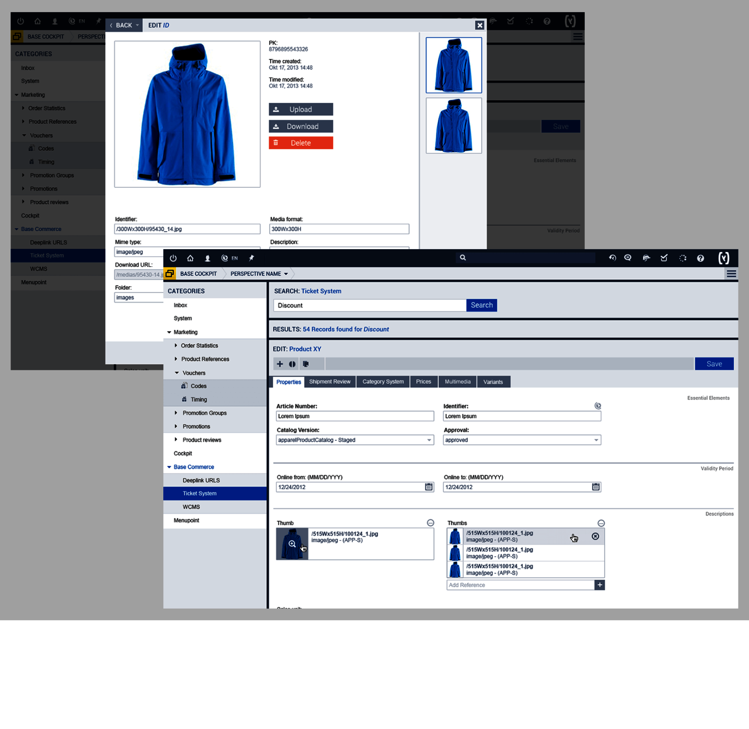 2 Screens zu Hybris Backoffice, auf denen eine Jacke im Shop angelegt wird