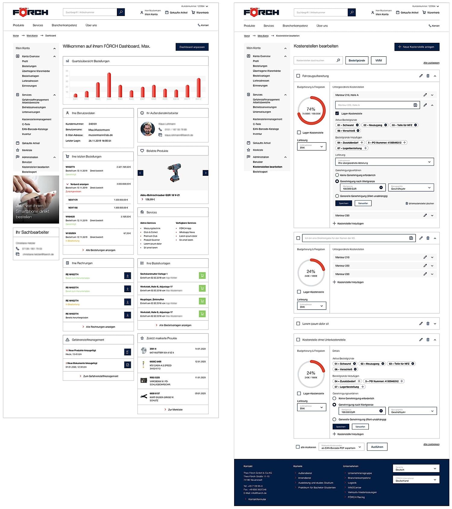 Grafik zeigt verschiedene Smartphone Screen–Designs des neuen Förch Business-Portals.