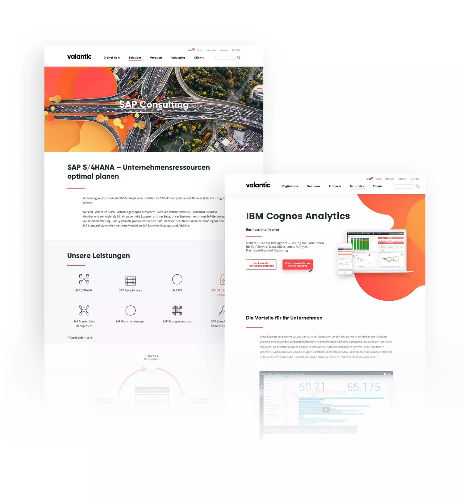 Two screenshots show subpages of the new website for Valantic implemented by SNK