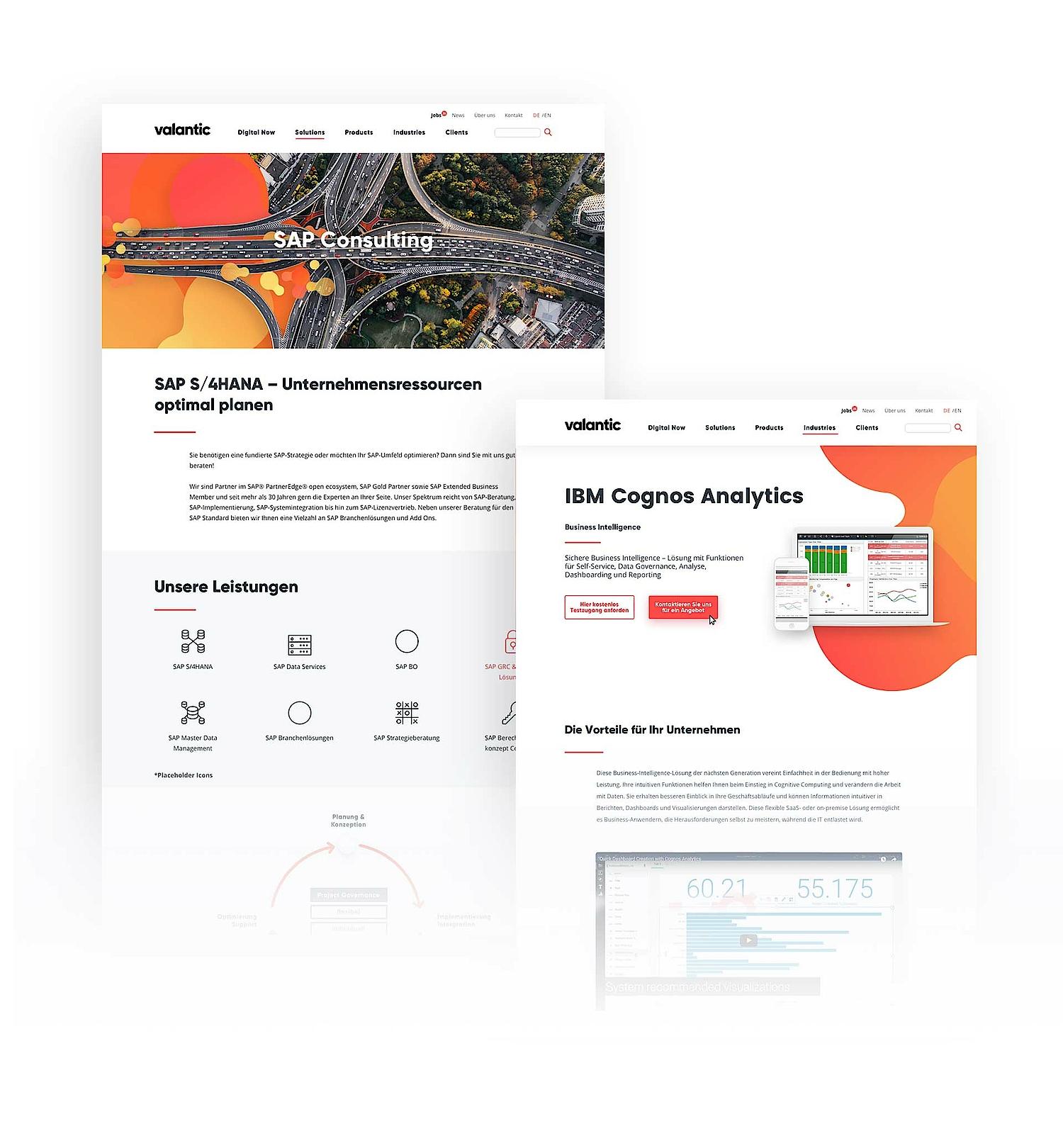 Zwei Screenshot zeigen Unterseiten der von SNK umgesetzten neuen Website für Valantic
