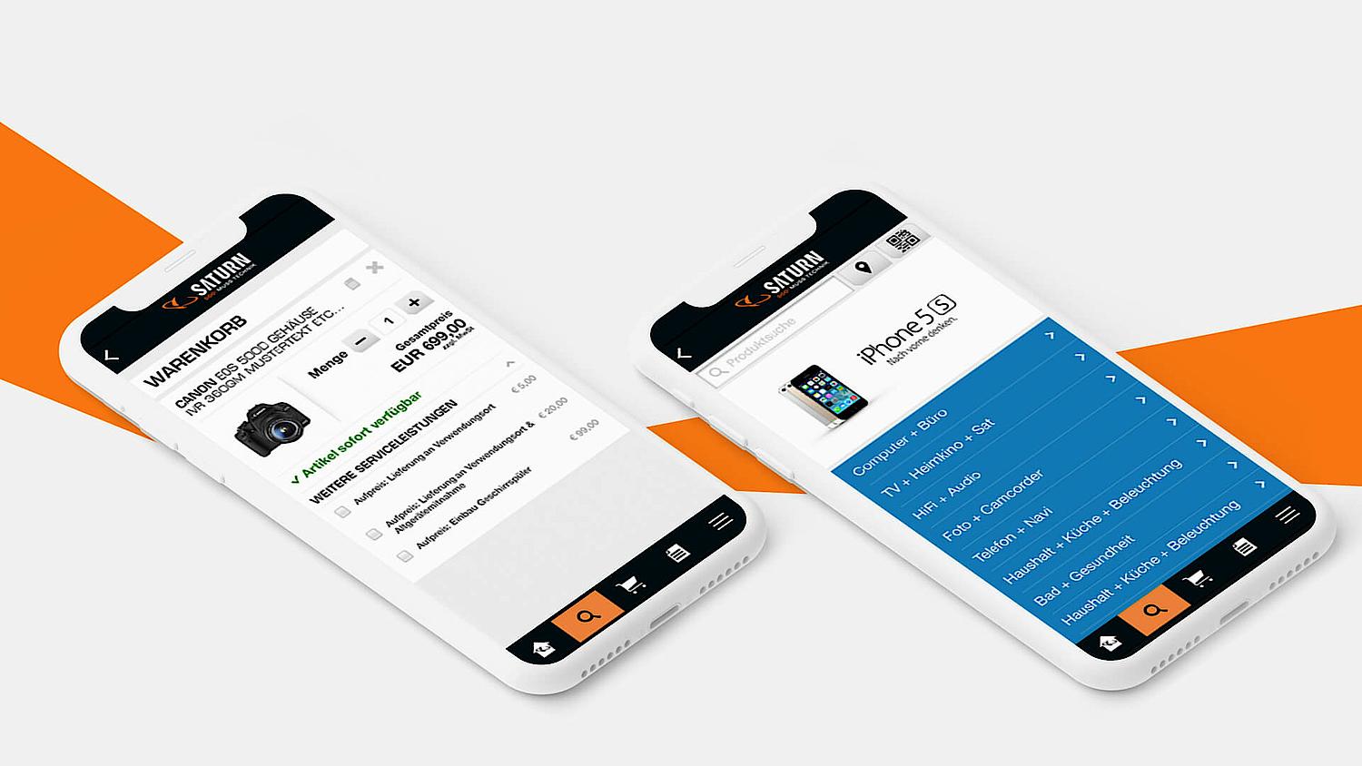 Bild zeigt zwei Screenshots des Saturn Onlineshops in der Mobile-Ansicht.