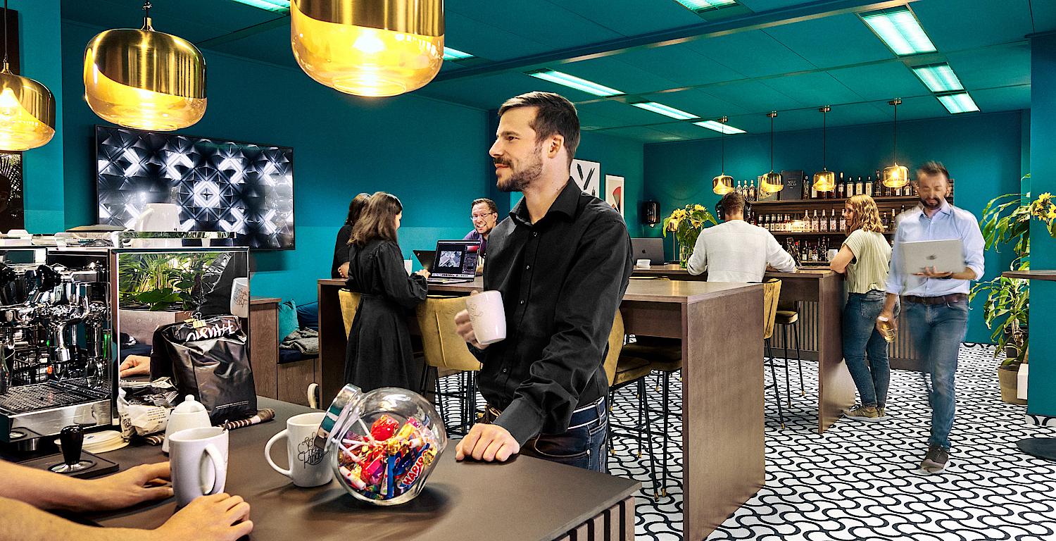 Bild einer Szene im Social Room von SNK aus dem Menschen Kaffee trinken
