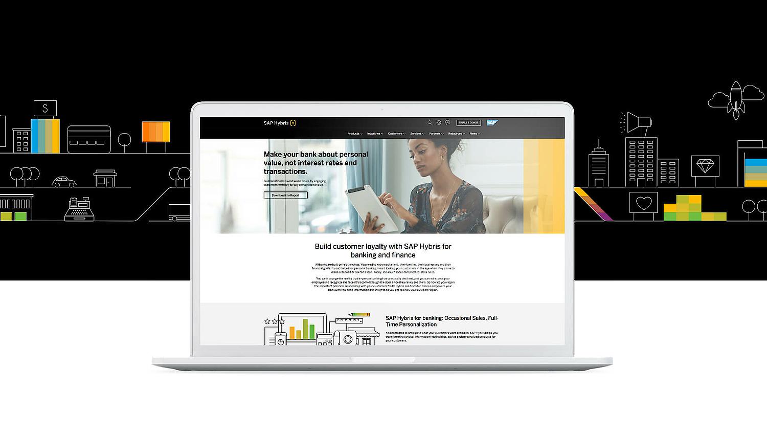 Ein Bild zeigt das Design der SAP Hybris Website auf der Startseite.