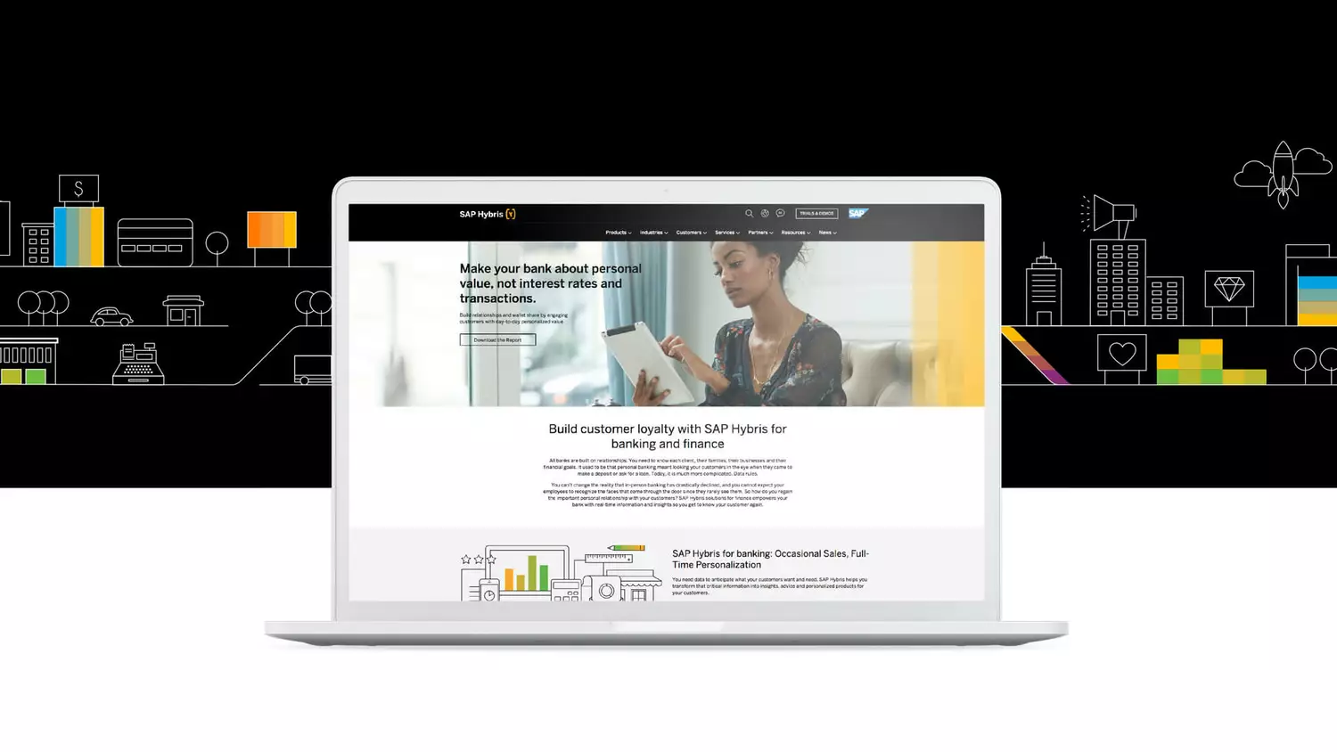 Ein Bild zeigt das Design der SAP Hybris Website auf der Startseite.