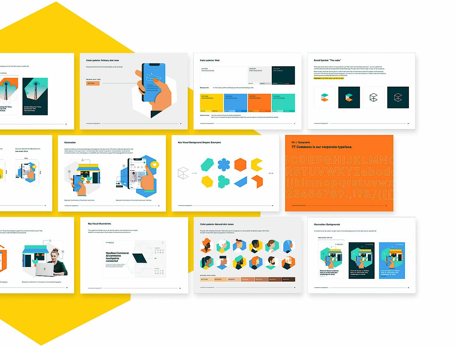 You can see the brand style guide for Commercetools created by the design agency SNK with bright eye-catching colors and diverse motifs
