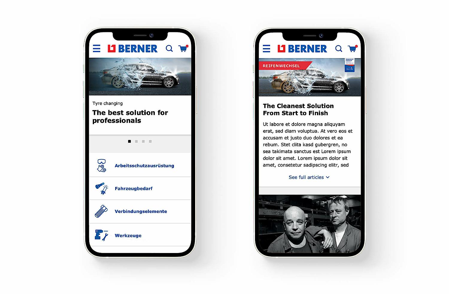 Bild zeigt 2 Screenshots der Berner AG Website im Handy Mockup