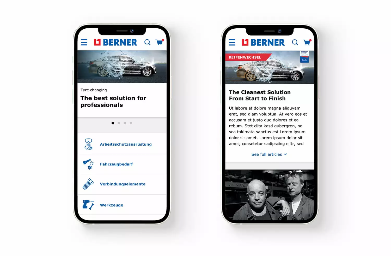 Bild zeigt 2 Screenshots der Berner AG Website im Handy Mockup