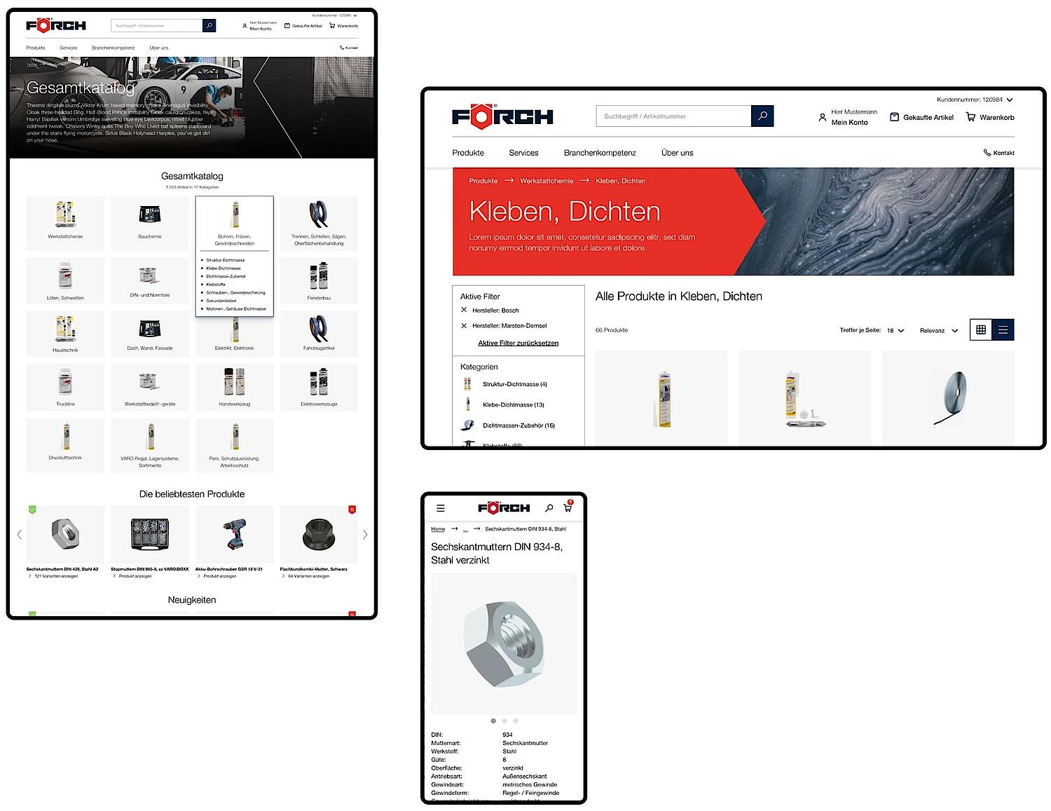 Grafik zeigt drei Screen–Designs des neuen Förch Business-Portals für Desktop, Tablet und Smartphone.