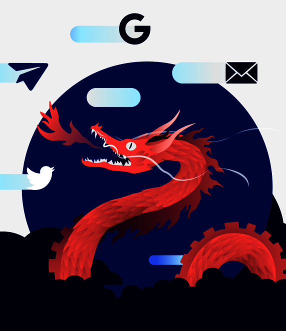 Graphic shows a Chinese dragon surrounded by mail and messenger icons.