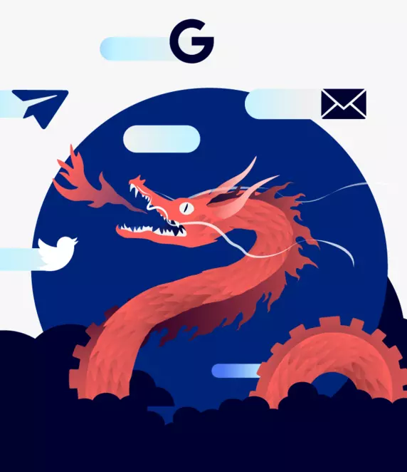 Grafik zeigt einen chinesischen Drachen, umgeben von Mail- und Messenger-Icons.