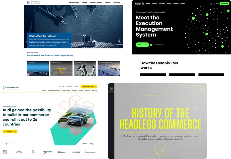 Screeshots zeigen das von der B2B Agentur SNK entwickelte Design für Commercetools, Celonis und Hirschmann Automotive.