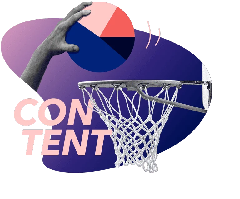 Ein Dunking mit einem Kreisdiagramm anstelle eines Basketball. Das Wort “Content” ist auf dem Bild platziert.