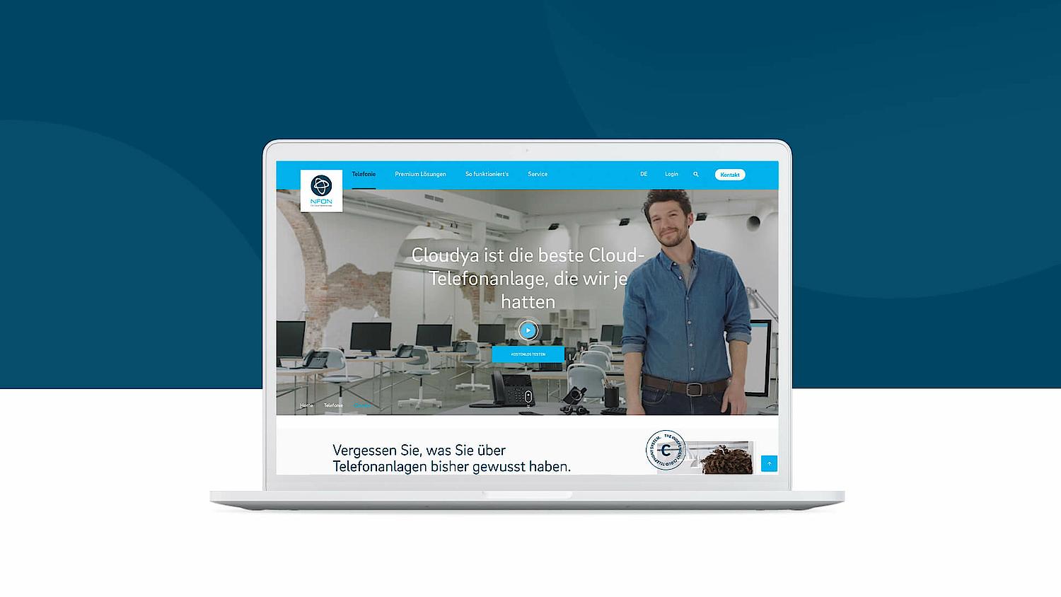 NFON Homepage Ansicht in einem Laptop-Mockup
